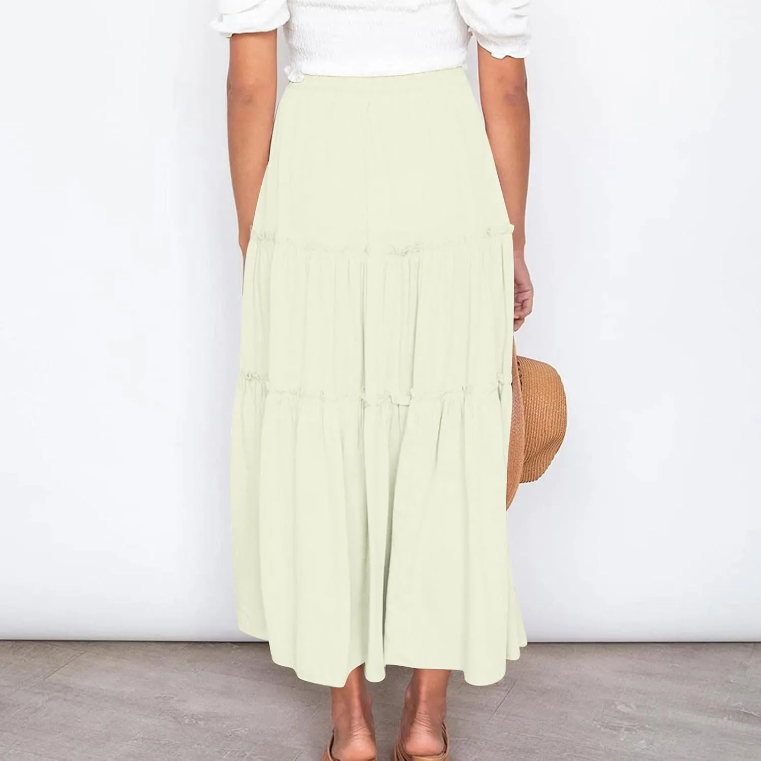 Boho Maxi Skirts Women Summer Elastic Waist Loose Long Skirts Solid Colour Bohemian Skirts Ladies Casual Outfits