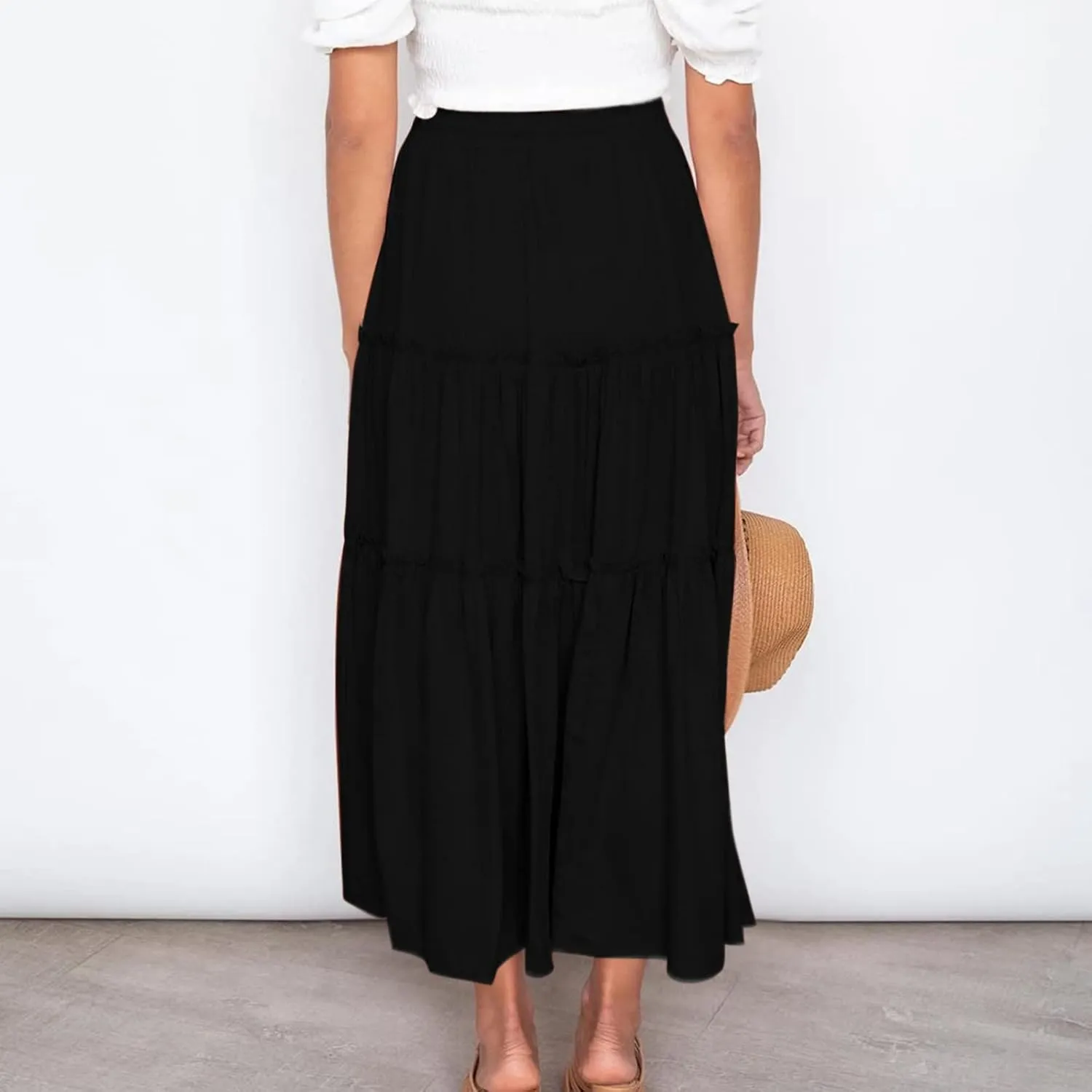 Boho Maxi Skirts Women Summer Elastic Waist Loose Long Skirts Solid Colour Bohemian Skirts Ladies Casual Outfits