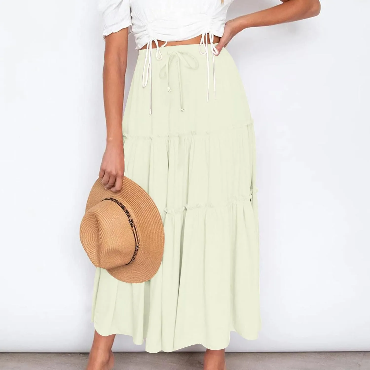 Boho Maxi Skirts Women Summer Elastic Waist Loose Long Skirts Solid Colour Bohemian Skirts Ladies Casual Outfits
