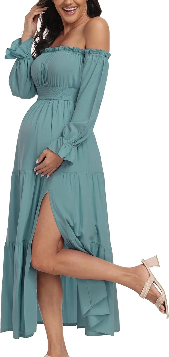 Boho Off Shoulder Maternity Dresses, Long Sleeve Side Split Flowy A Line Tiered Maxi Dress for Baby Shower Photoshoot