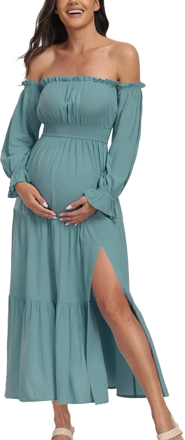 Boho Off Shoulder Maternity Dresses, Long Sleeve Side Split Flowy A Line Tiered Maxi Dress for Baby Shower Photoshoot