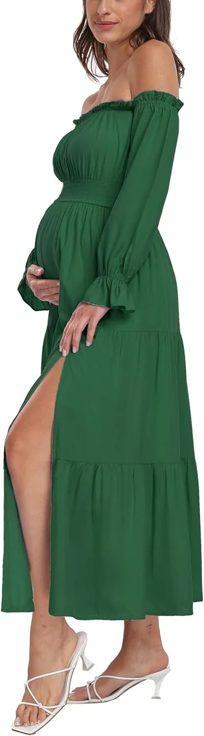 Boho Off Shoulder Maternity Dresses, Long Sleeve Side Split Flowy A Line Tiered Maxi Dress for Baby Shower Photoshoot