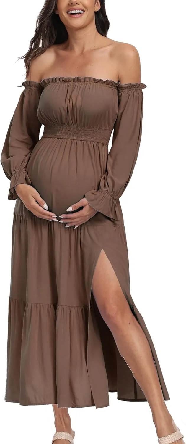 Boho Off Shoulder Maternity Dresses, Long Sleeve Side Split Flowy A Line Tiered Maxi Dress for Baby Shower Photoshoot