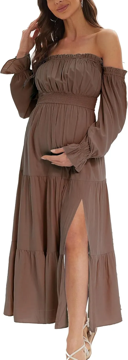 Boho Off Shoulder Maternity Dresses, Long Sleeve Side Split Flowy A Line Tiered Maxi Dress for Baby Shower Photoshoot