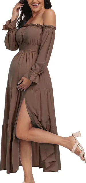 Boho Off Shoulder Maternity Dresses, Long Sleeve Side Split Flowy A Line Tiered Maxi Dress for Baby Shower Photoshoot