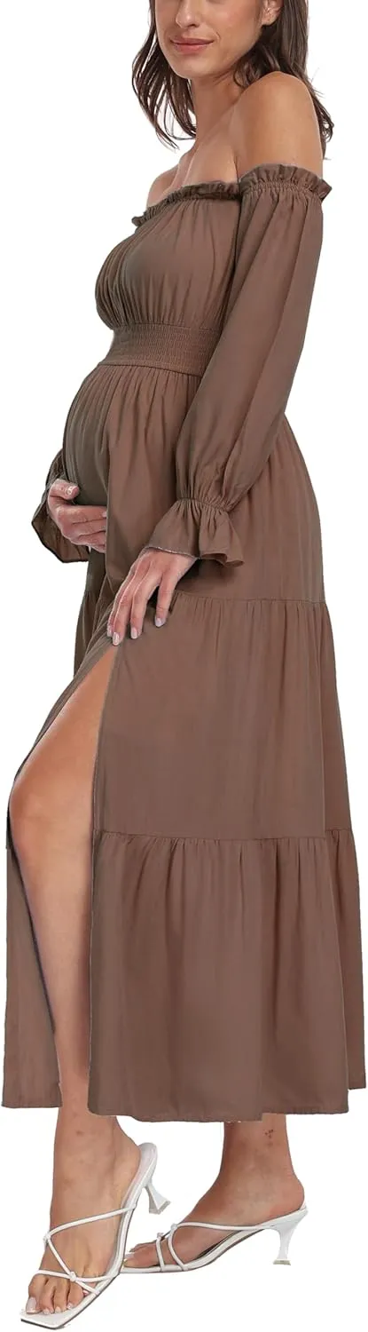 Boho Off Shoulder Maternity Dresses, Long Sleeve Side Split Flowy A Line Tiered Maxi Dress for Baby Shower Photoshoot