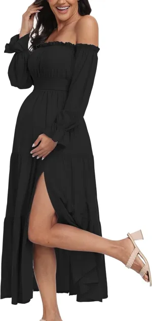 Boho Off Shoulder Maternity Dresses, Long Sleeve Side Split Flowy A Line Tiered Maxi Dress for Baby Shower Photoshoot