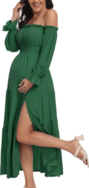 Boho Off Shoulder Maternity Dresses, Long Sleeve Side Split Flowy A Line Tiered Maxi Dress for Baby Shower Photoshoot