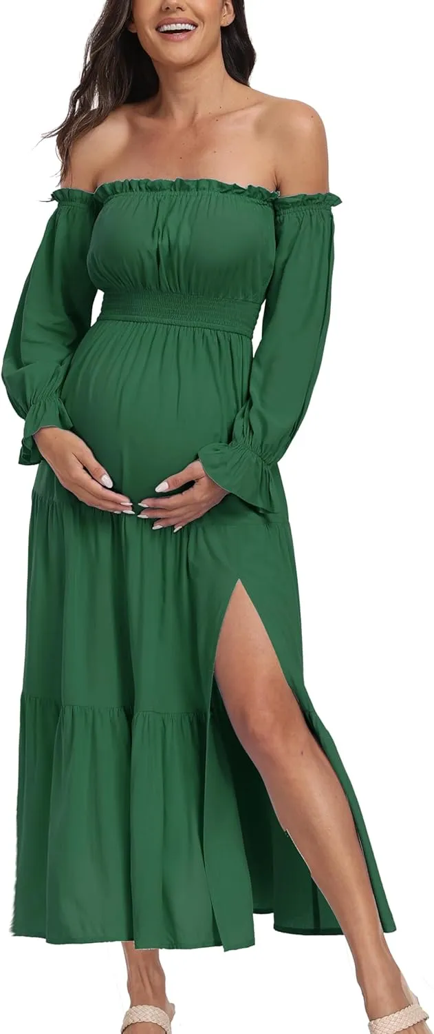 Boho Off Shoulder Maternity Dresses, Long Sleeve Side Split Flowy A Line Tiered Maxi Dress for Baby Shower Photoshoot