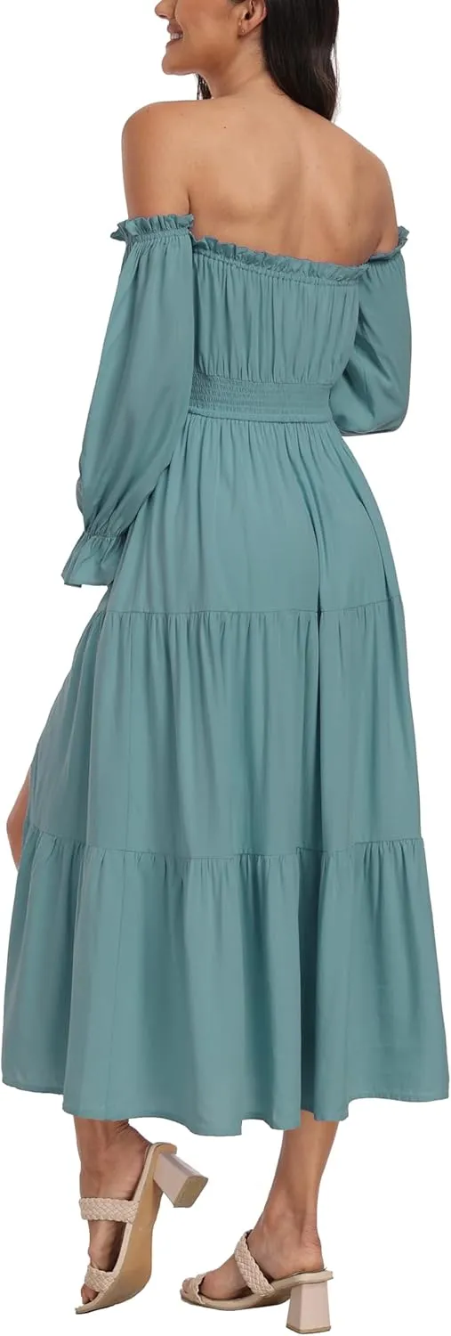 Boho Off Shoulder Maternity Dresses, Long Sleeve Side Split Flowy A Line Tiered Maxi Dress for Baby Shower Photoshoot
