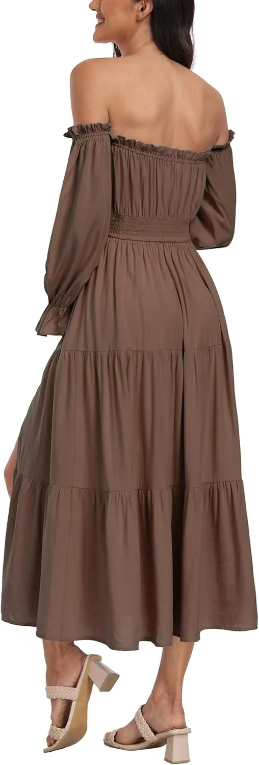 Boho Off Shoulder Maternity Dresses, Long Sleeve Side Split Flowy A Line Tiered Maxi Dress for Baby Shower Photoshoot
