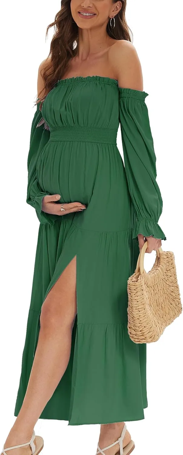 Boho Off Shoulder Maternity Dresses, Long Sleeve Side Split Flowy A Line Tiered Maxi Dress for Baby Shower Photoshoot