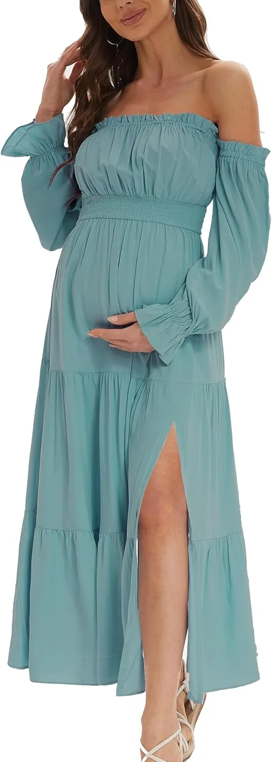 Boho Off Shoulder Maternity Dresses, Long Sleeve Side Split Flowy A Line Tiered Maxi Dress for Baby Shower Photoshoot