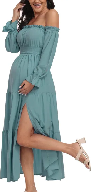 Boho Off Shoulder Maternity Dresses, Long Sleeve Side Split Flowy A Line Tiered Maxi Dress for Baby Shower Photoshoot