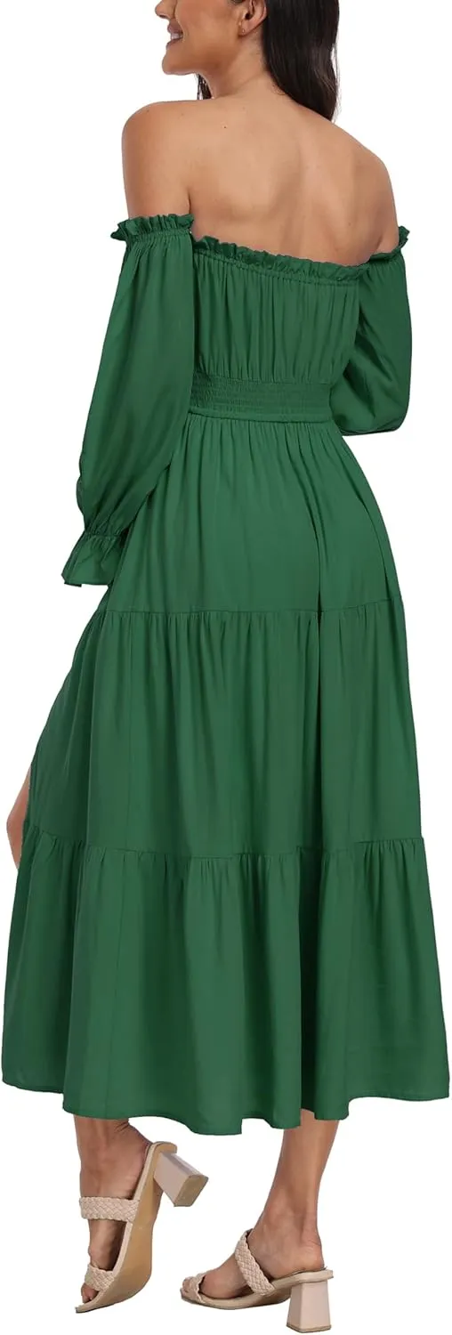 Boho Off Shoulder Maternity Dresses, Long Sleeve Side Split Flowy A Line Tiered Maxi Dress for Baby Shower Photoshoot