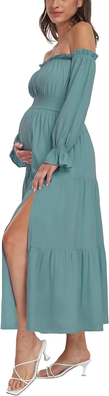 Boho Off Shoulder Maternity Dresses, Long Sleeve Side Split Flowy A Line Tiered Maxi Dress for Baby Shower Photoshoot