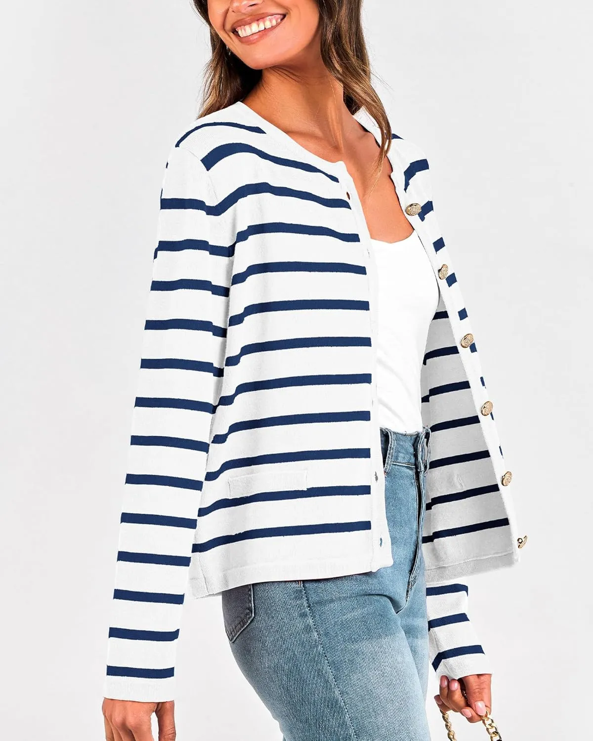 BTFBM Women's Cardigans Sweater 2024 Fall Striped Long Sleeve Button Down Crop Open Front Knit Outerwear Deco Pockets
