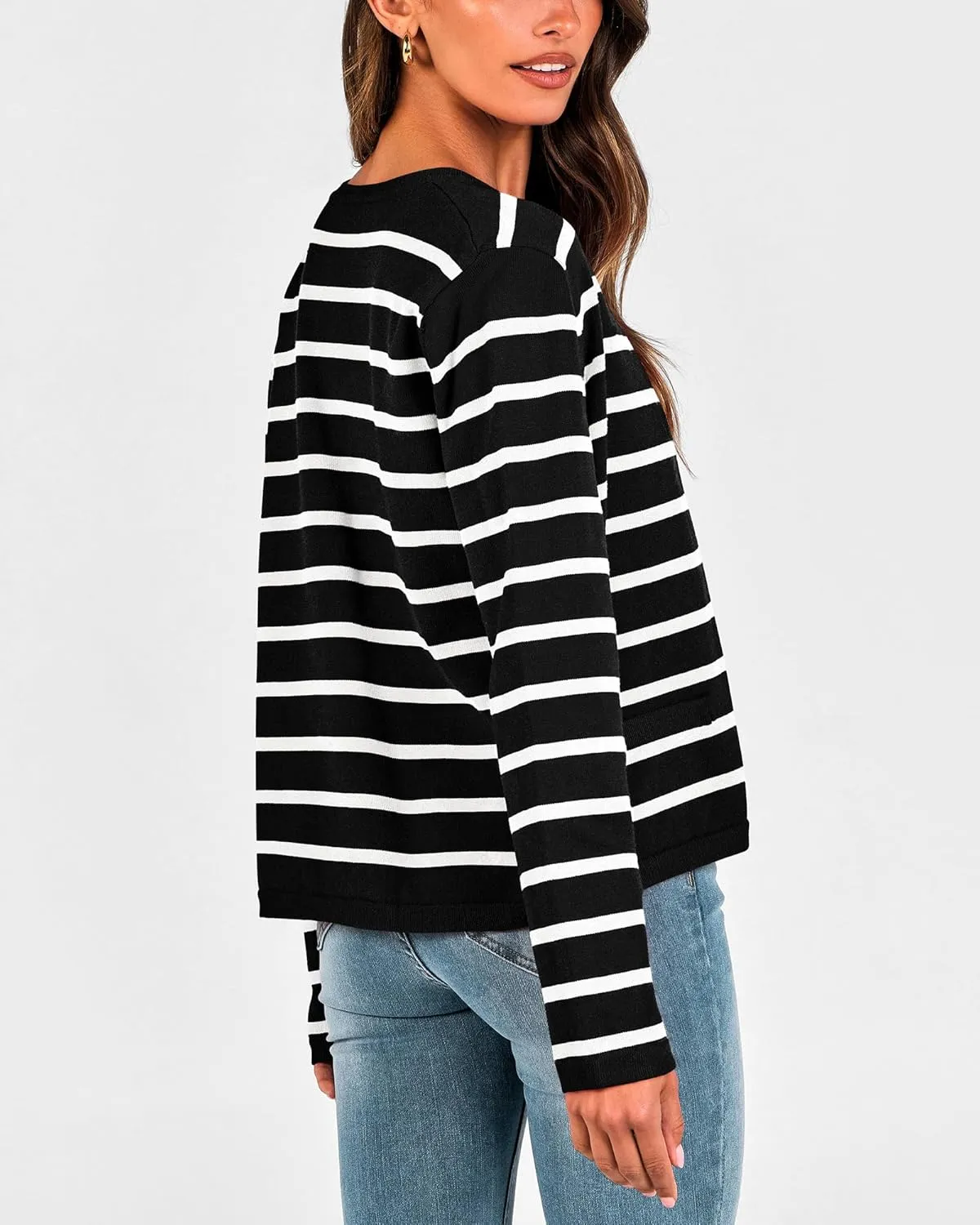 BTFBM Women's Cardigans Sweater 2024 Fall Striped Long Sleeve Button Down Crop Open Front Knit Outerwear Deco Pockets