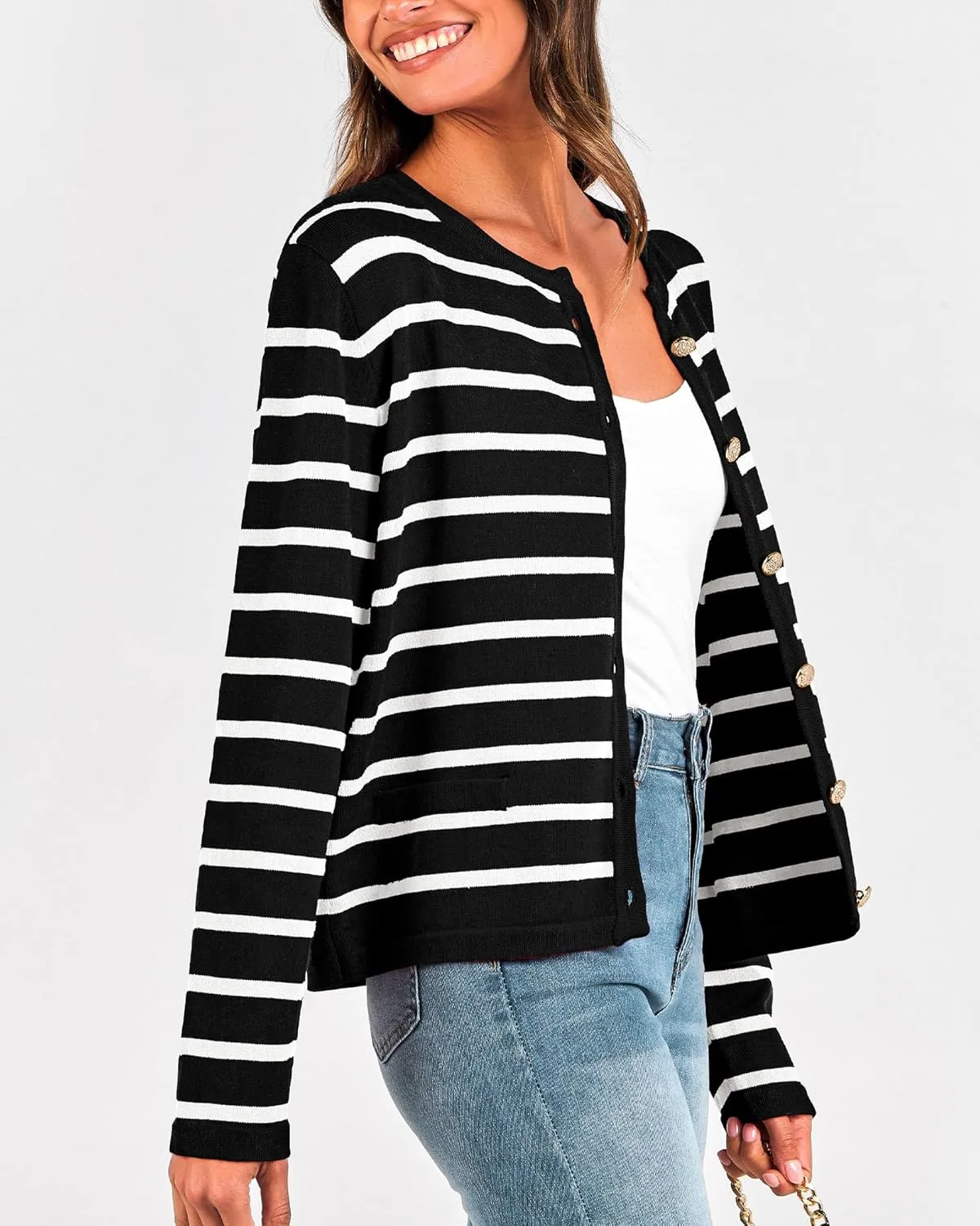 BTFBM Women's Cardigans Sweater 2024 Fall Striped Long Sleeve Button Down Crop Open Front Knit Outerwear Deco Pockets
