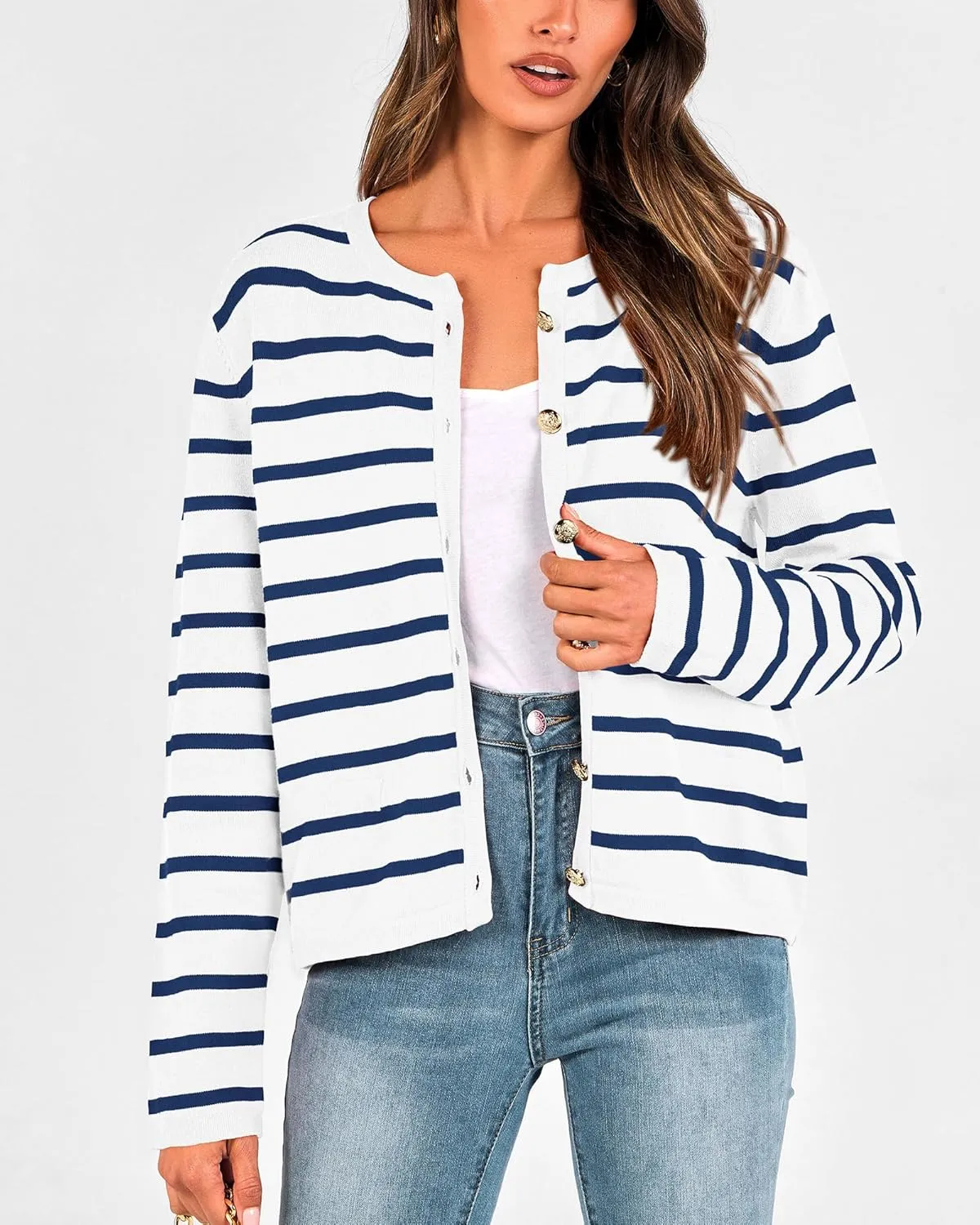 BTFBM Women's Cardigans Sweater 2024 Fall Striped Long Sleeve Button Down Crop Open Front Knit Outerwear Deco Pockets