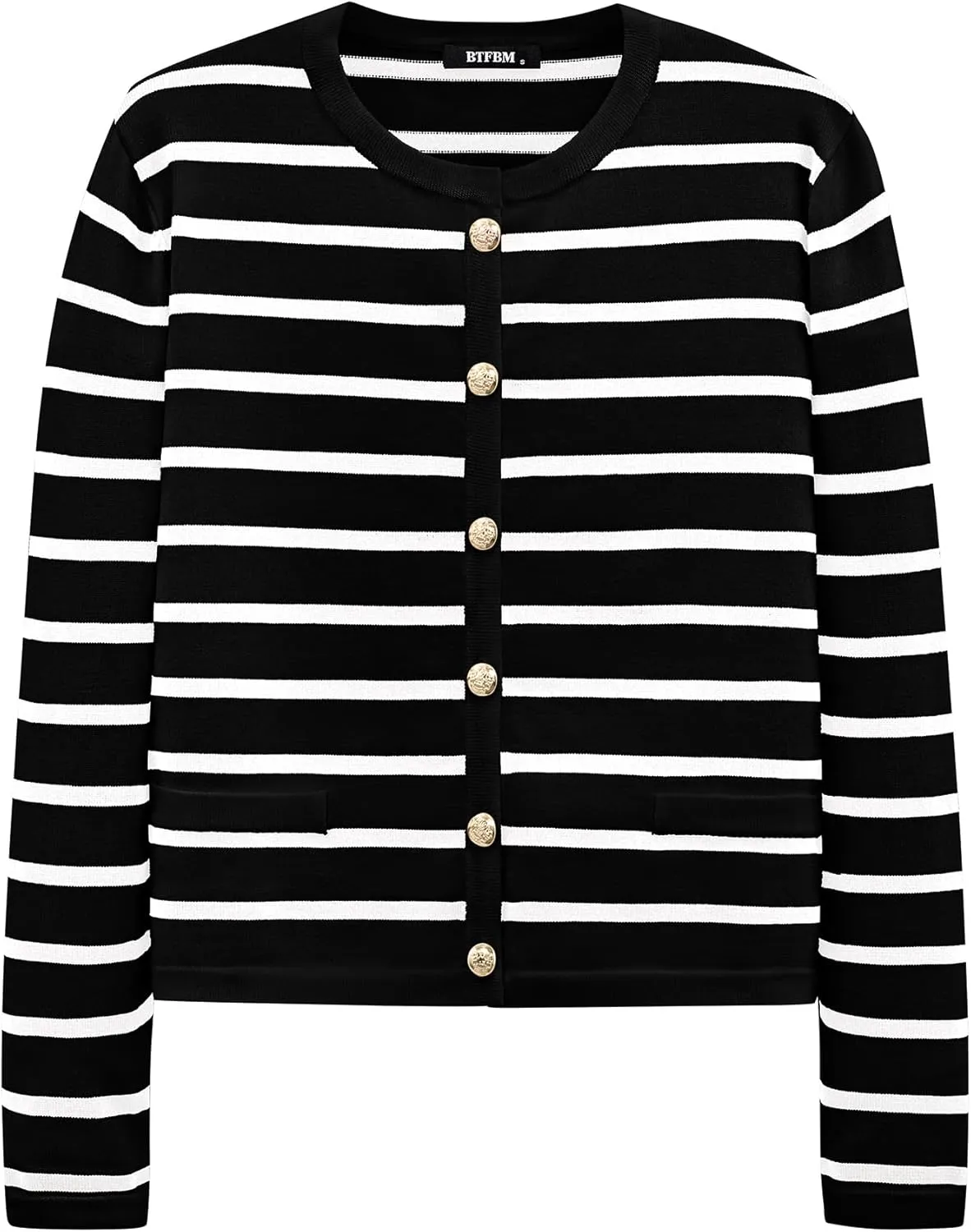 BTFBM Women's Cardigans Sweater 2024 Fall Striped Long Sleeve Button Down Crop Open Front Knit Outerwear Deco Pockets