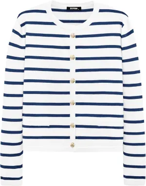 BTFBM Women's Cardigans Sweater 2024 Fall Striped Long Sleeve Button Down Crop Open Front Knit Outerwear Deco Pockets
