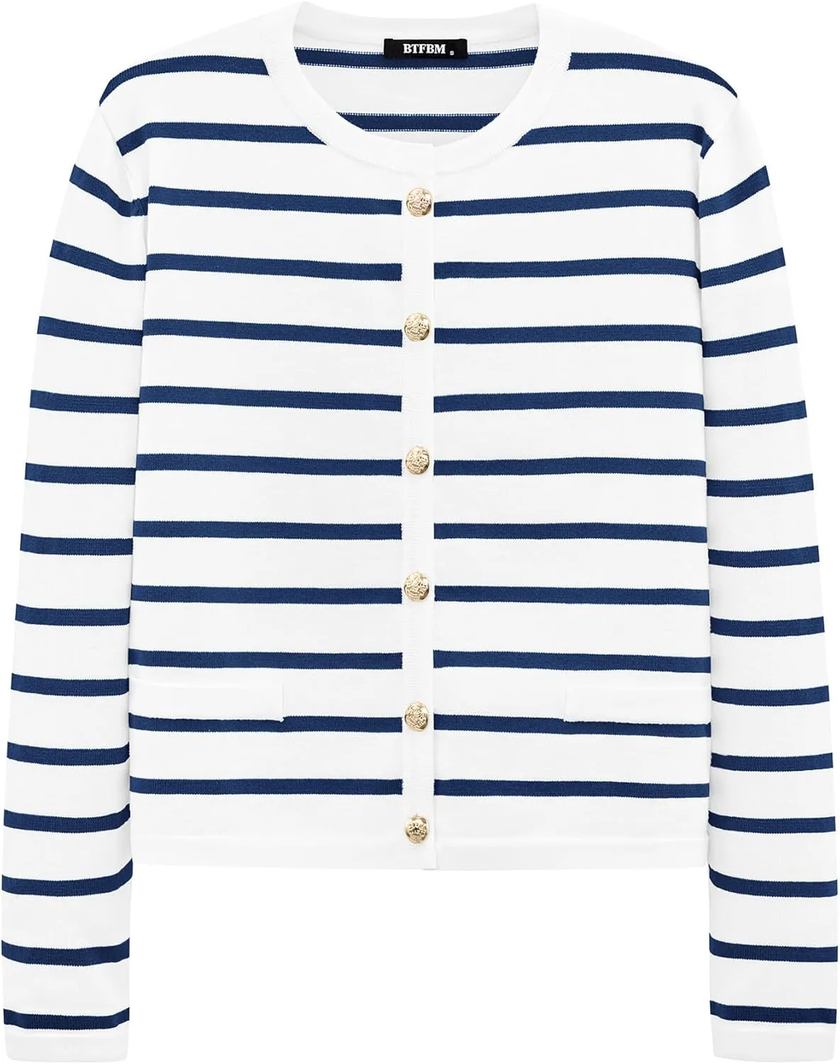 BTFBM Women's Cardigans Sweater 2024 Fall Striped Long Sleeve Button Down Crop Open Front Knit Outerwear Deco Pockets