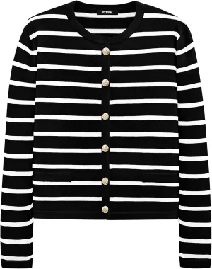BTFBM Women's Cardigans Sweater 2024 Fall Striped Long Sleeve Button Down Crop Open Front Knit Outerwear Deco Pockets