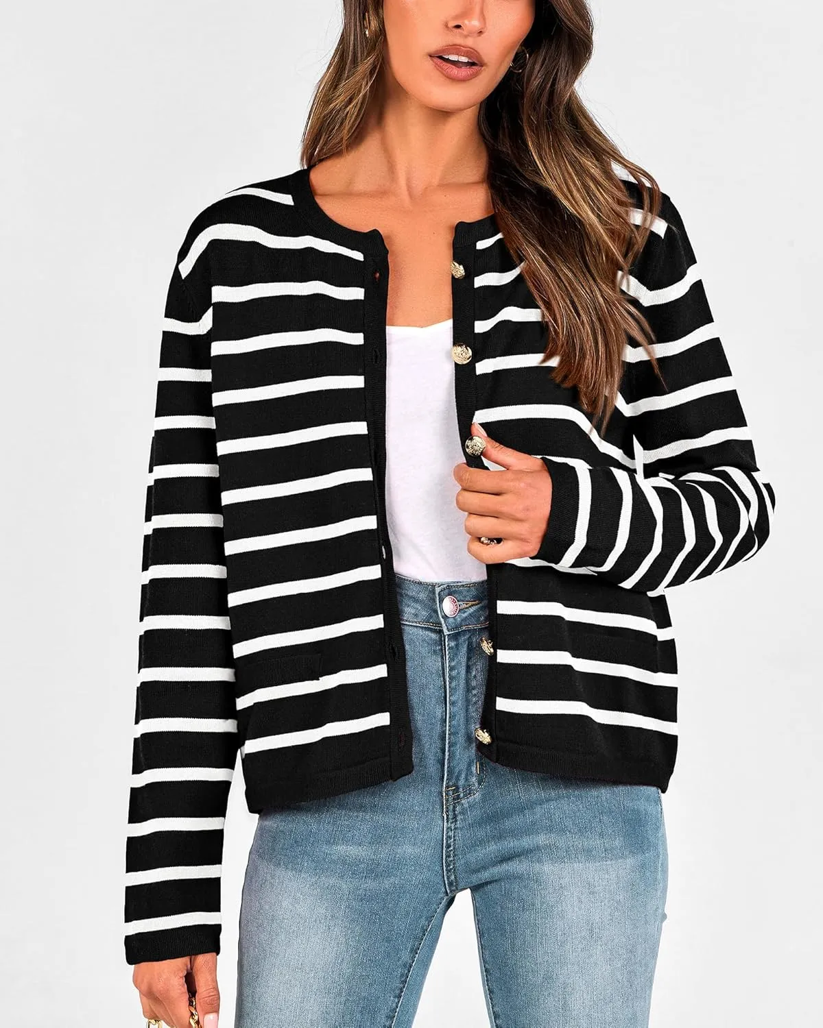 BTFBM Women's Cardigans Sweater 2024 Fall Striped Long Sleeve Button Down Crop Open Front Knit Outerwear Deco Pockets