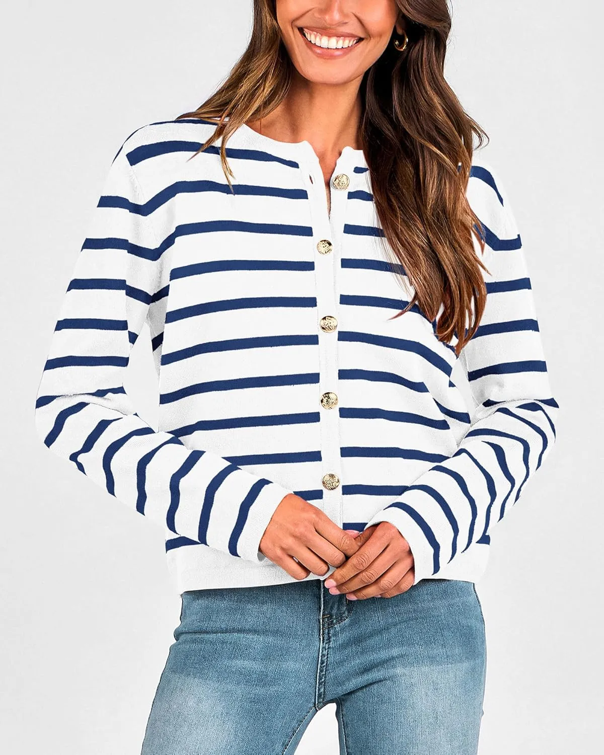 BTFBM Women's Cardigans Sweater 2024 Fall Striped Long Sleeve Button Down Crop Open Front Knit Outerwear Deco Pockets