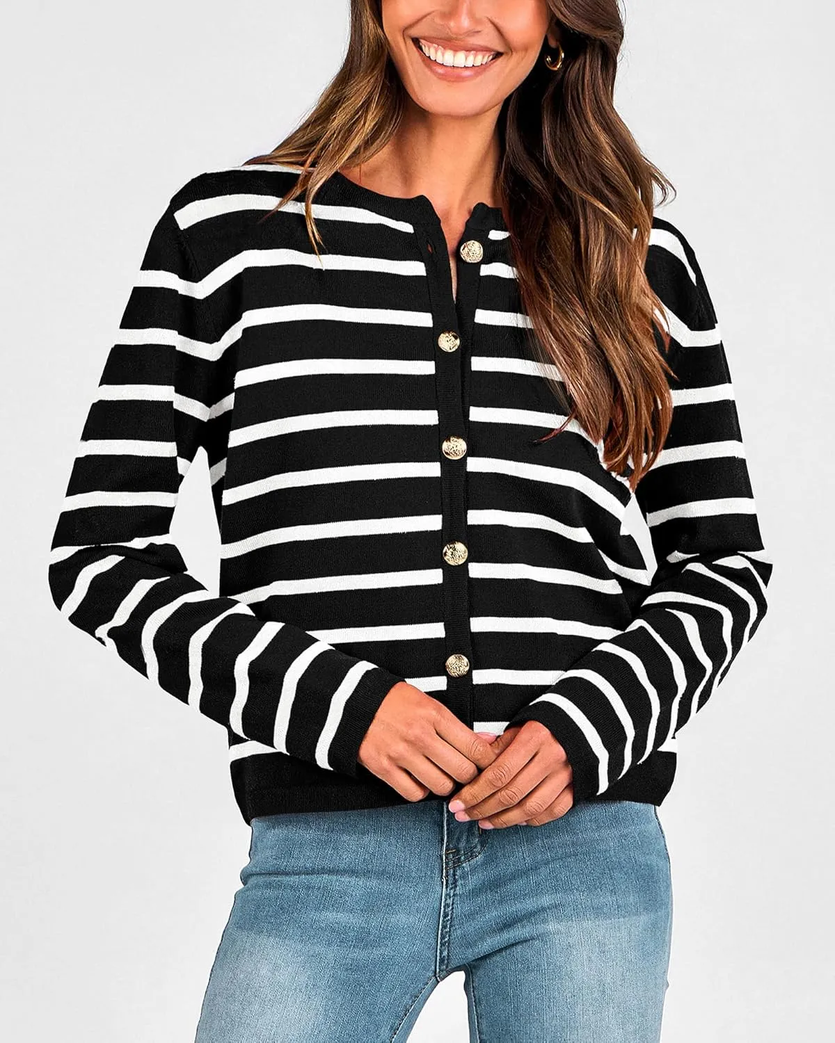 BTFBM Women's Cardigans Sweater 2024 Fall Striped Long Sleeve Button Down Crop Open Front Knit Outerwear Deco Pockets