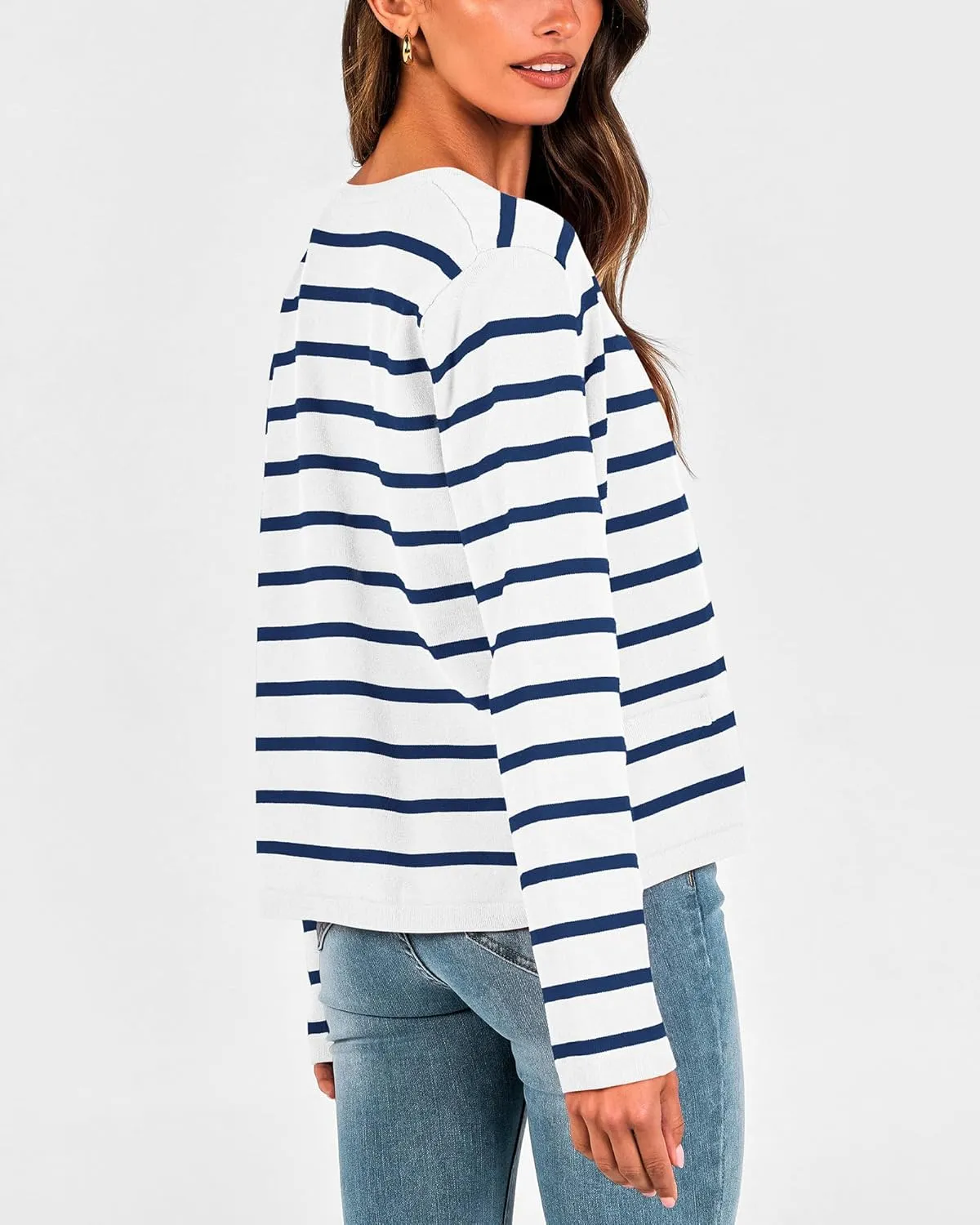 BTFBM Women's Cardigans Sweater 2024 Fall Striped Long Sleeve Button Down Crop Open Front Knit Outerwear Deco Pockets