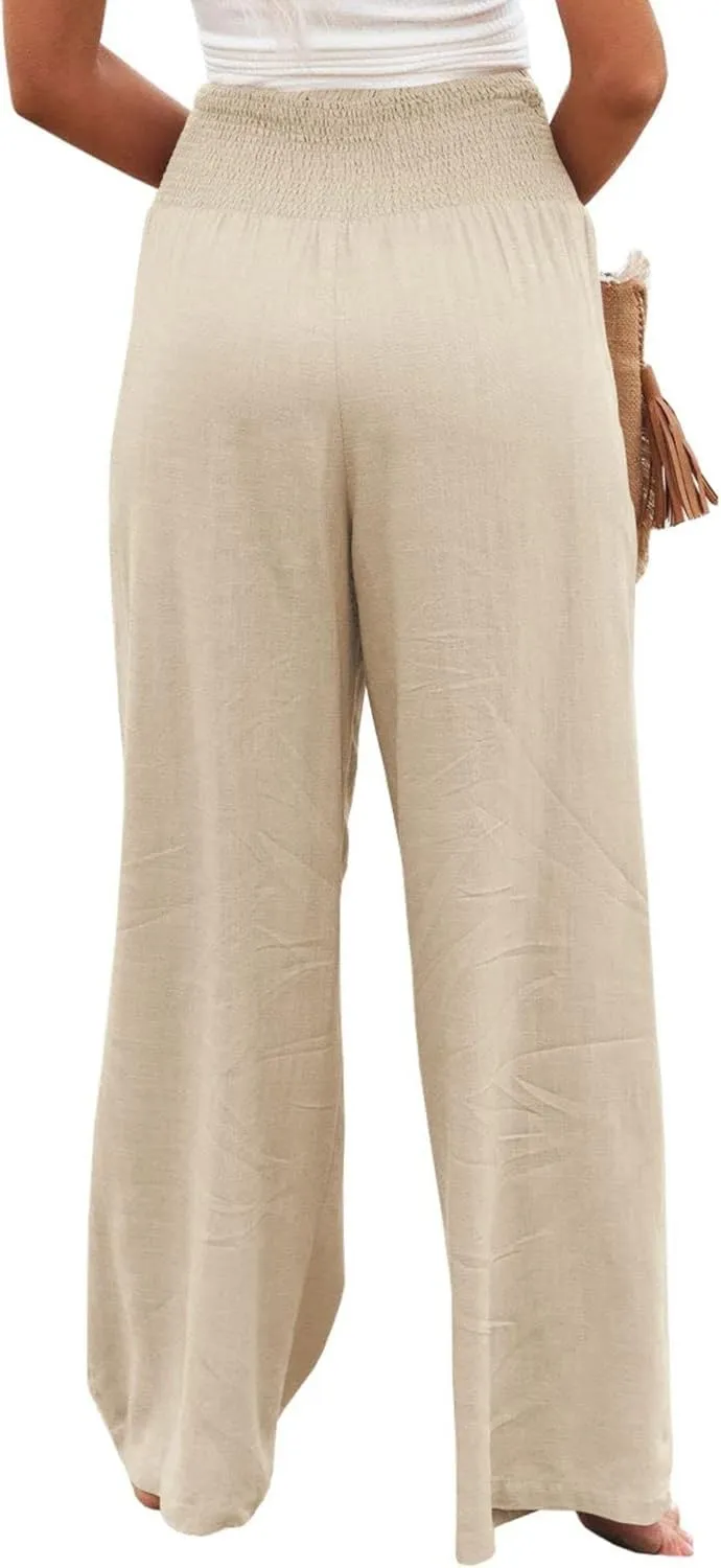 Canbebig Cotton Linen Pants for Women High Waist Wide Leg Pants Summer Casual Palazzo Baggy Lounge Trousers with Pockets