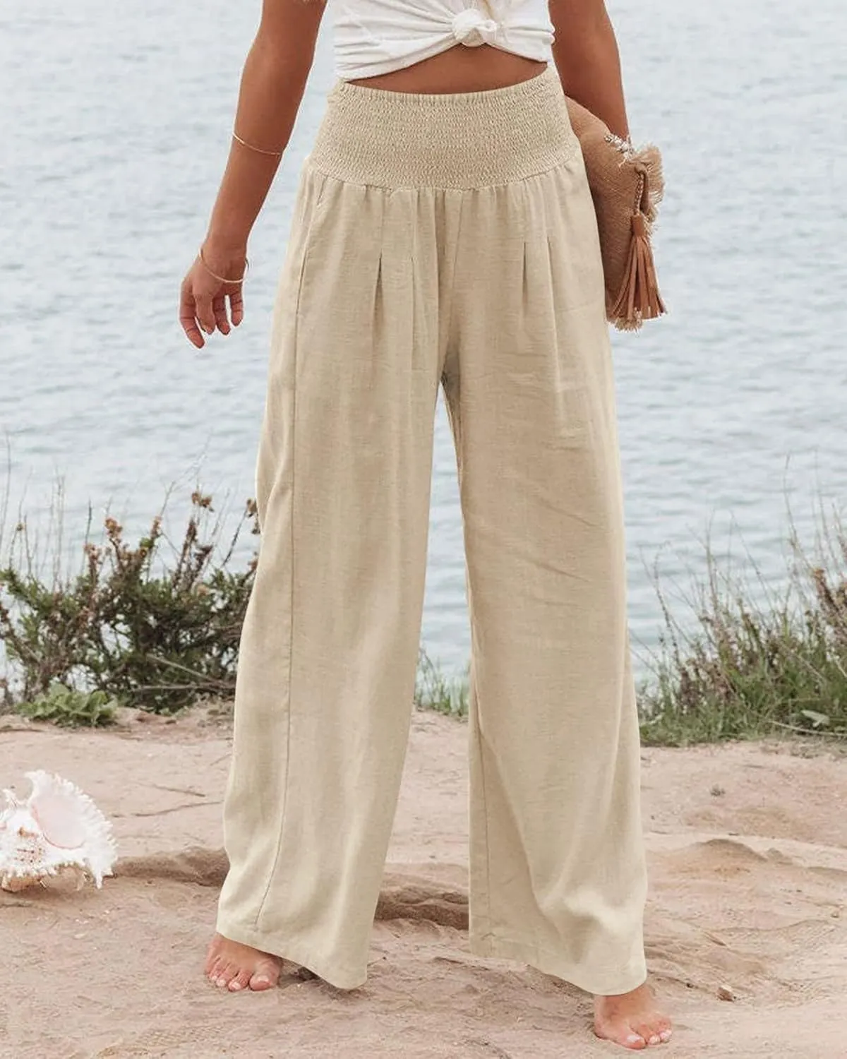 Canbebig Cotton Linen Pants for Women High Waist Wide Leg Pants Summer Casual Palazzo Baggy Lounge Trousers with Pockets