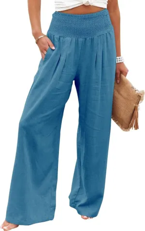 Canbebig Cotton Linen Pants for Women High Waist Wide Leg Pants Summer Casual Palazzo Baggy Lounge Trousers with Pockets