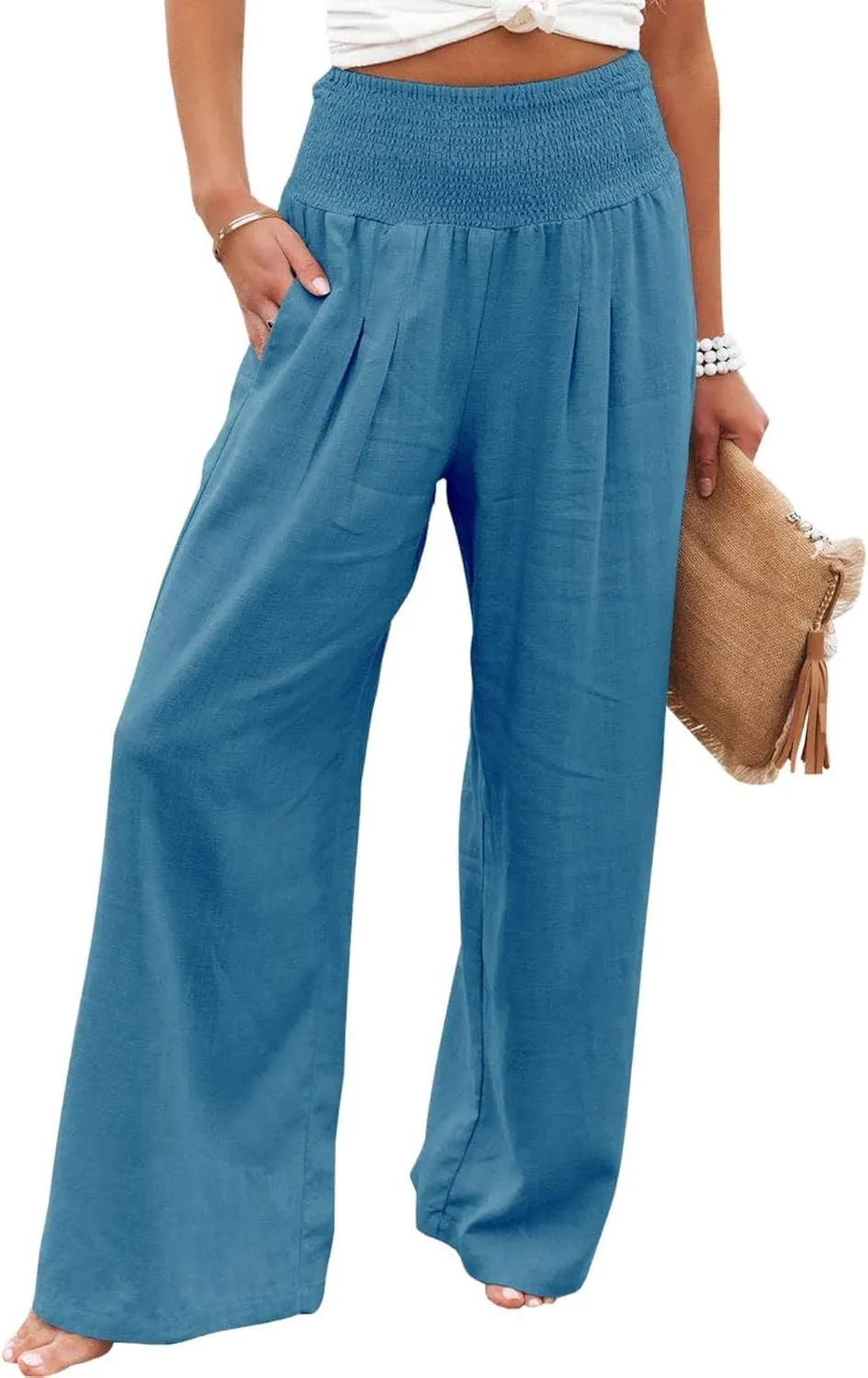 Canbebig Cotton Linen Pants for Women High Waist Wide Leg Pants Summer Casual Palazzo Baggy Lounge Trousers with Pockets