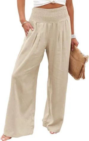 Canbebig Cotton Linen Pants for Women High Waist Wide Leg Pants Summer Casual Palazzo Baggy Lounge Trousers with Pockets