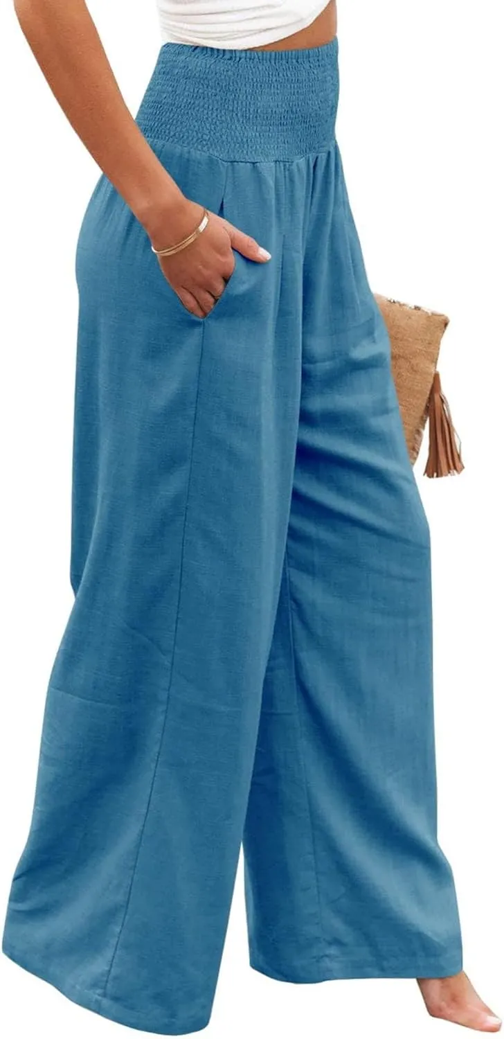 Canbebig Cotton Linen Pants for Women High Waist Wide Leg Pants Summer Casual Palazzo Baggy Lounge Trousers with Pockets