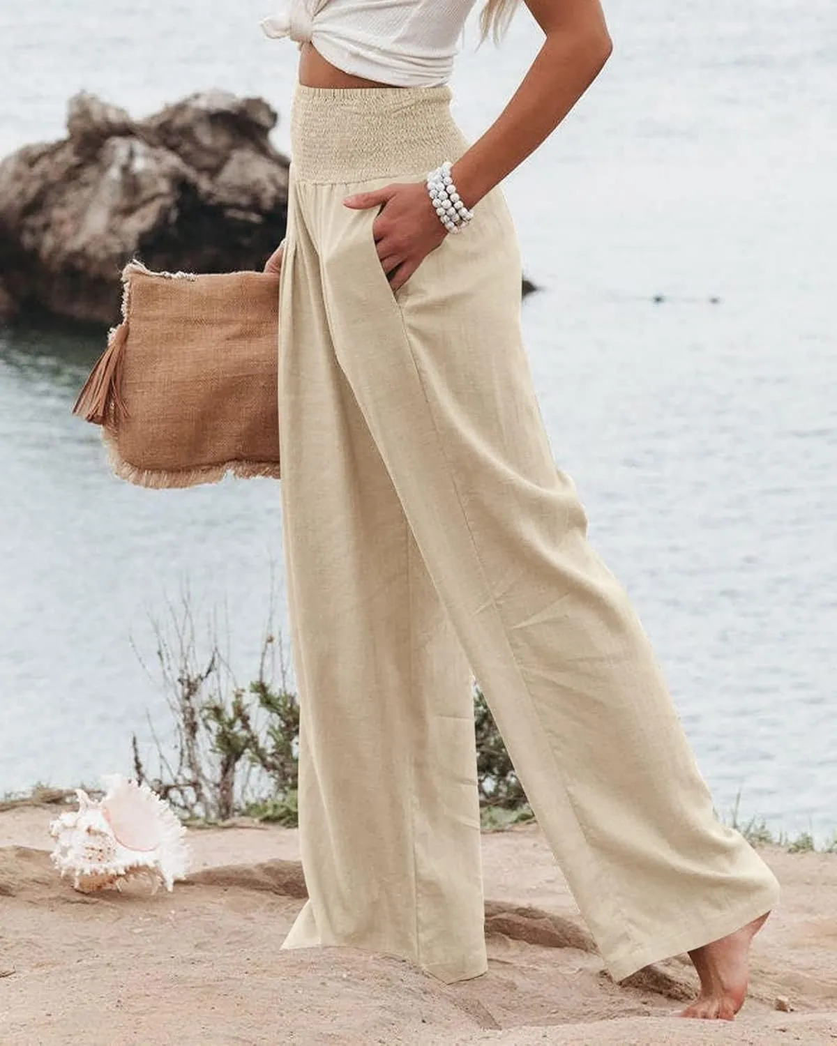 Canbebig Cotton Linen Pants for Women High Waist Wide Leg Pants Summer Casual Palazzo Baggy Lounge Trousers with Pockets