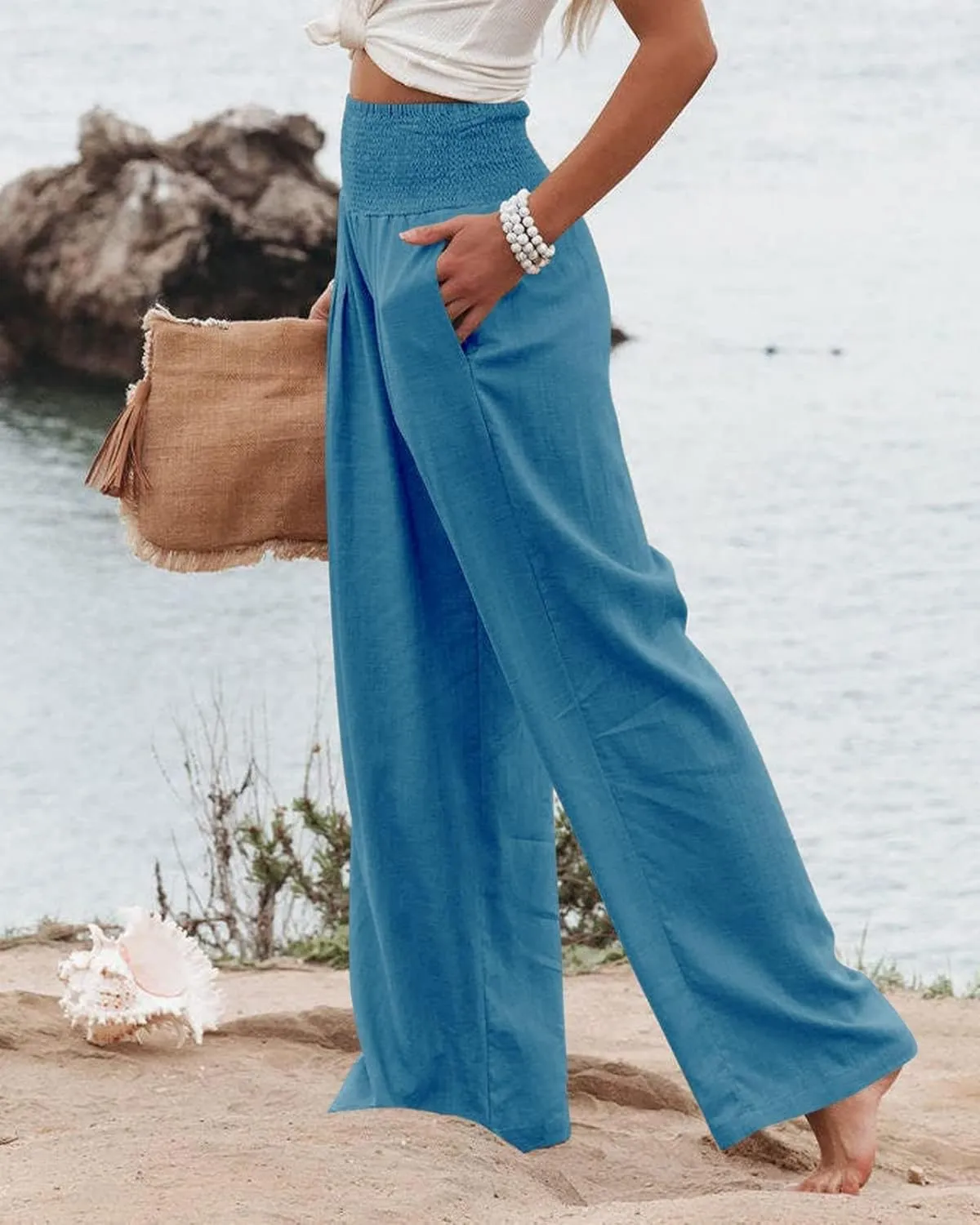 Canbebig Cotton Linen Pants for Women High Waist Wide Leg Pants Summer Casual Palazzo Baggy Lounge Trousers with Pockets