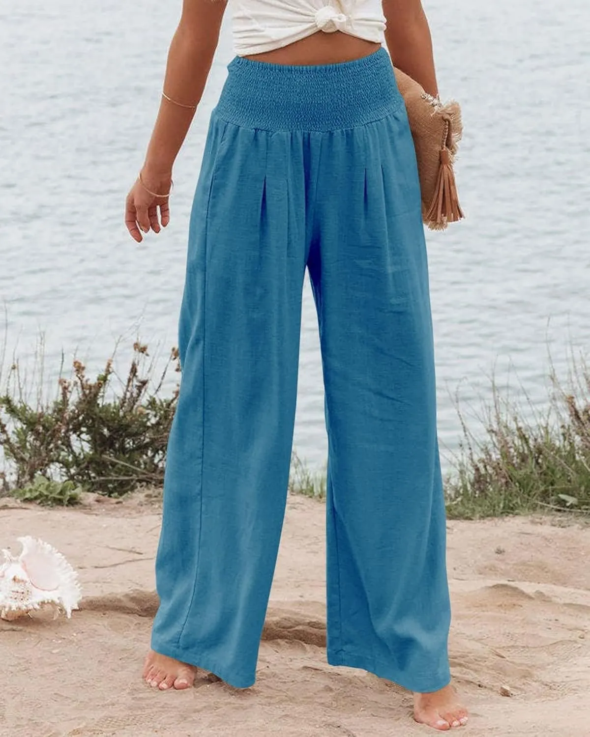 Canbebig Cotton Linen Pants for Women High Waist Wide Leg Pants Summer Casual Palazzo Baggy Lounge Trousers with Pockets