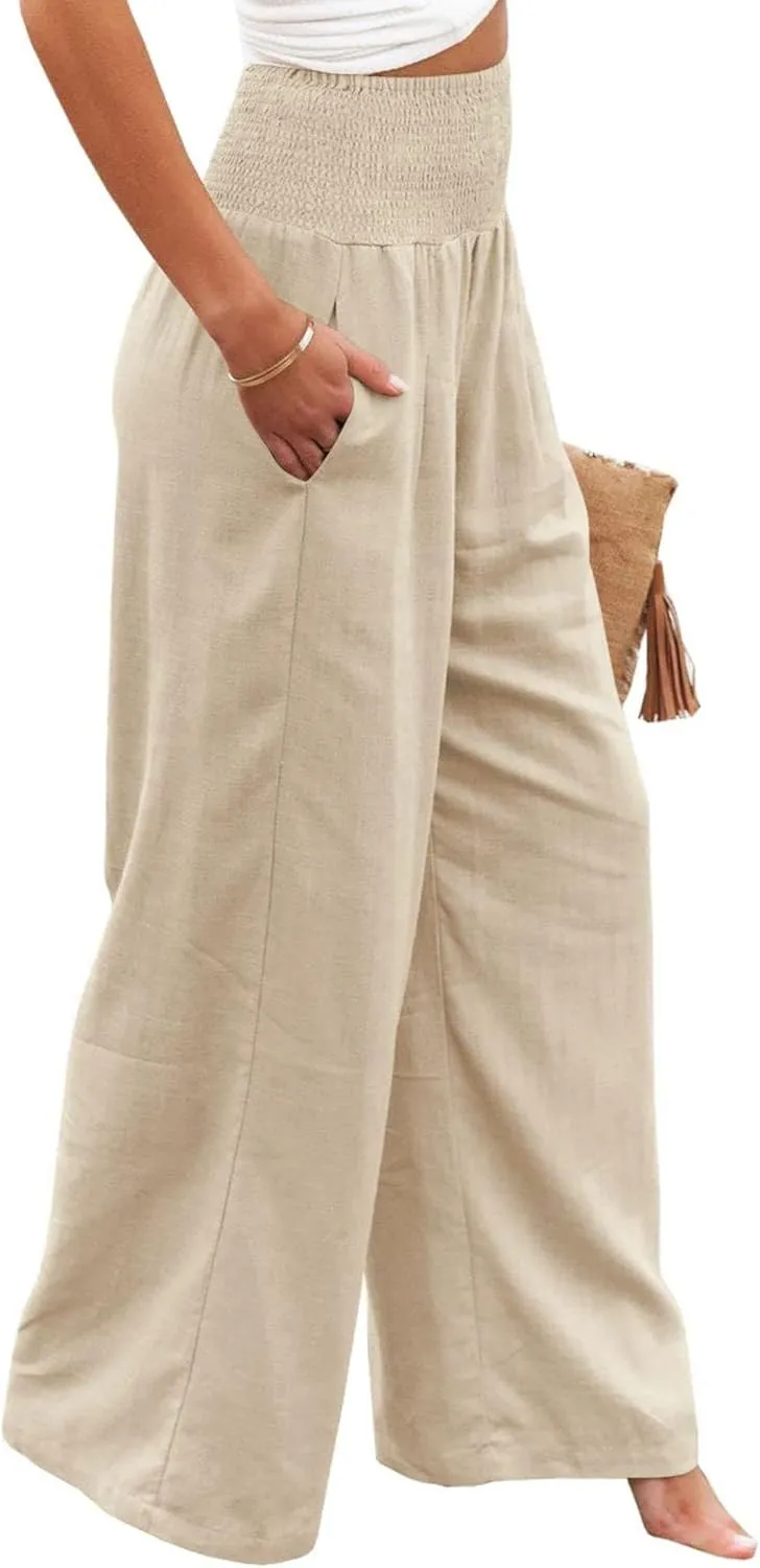 Canbebig Cotton Linen Pants for Women High Waist Wide Leg Pants Summer Casual Palazzo Baggy Lounge Trousers with Pockets