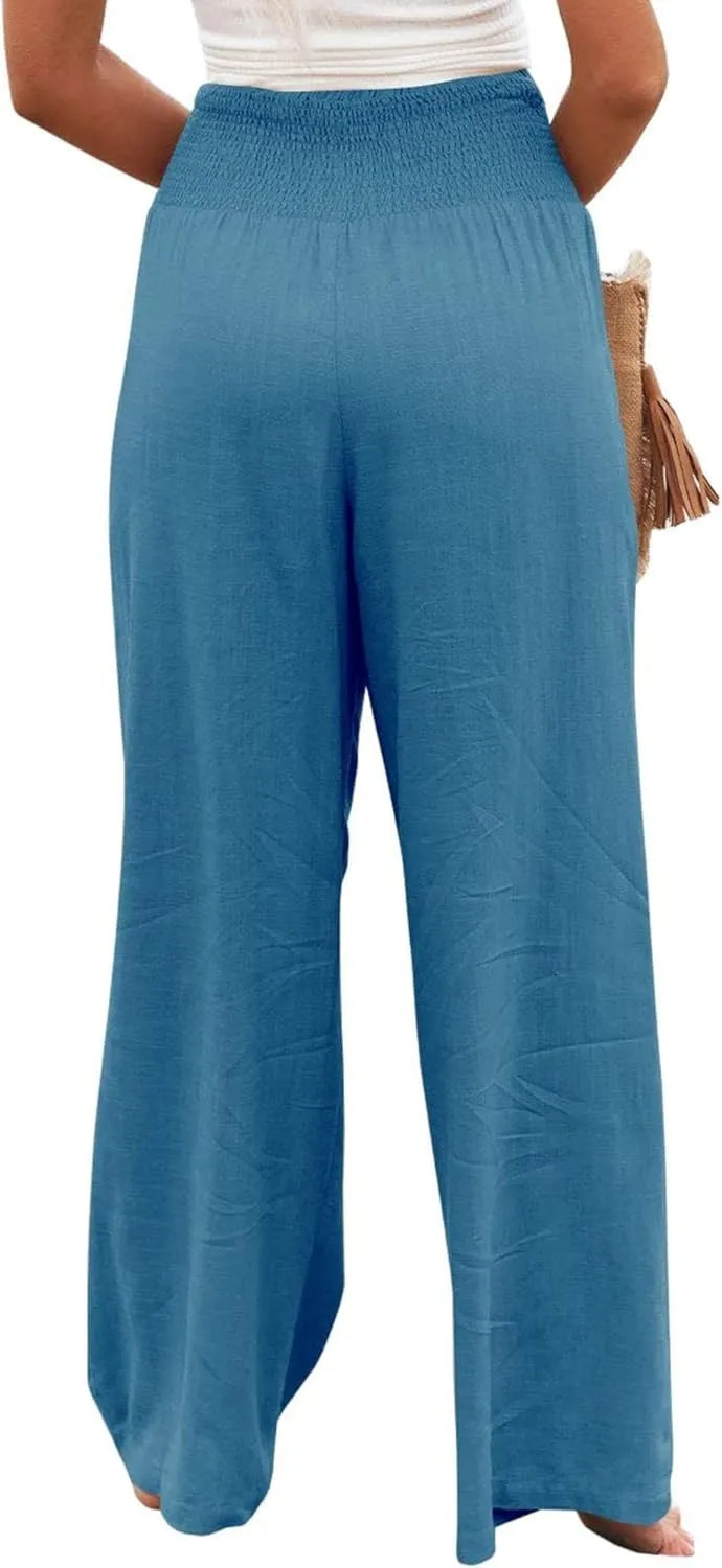 Canbebig Cotton Linen Pants for Women High Waist Wide Leg Pants Summer Casual Palazzo Baggy Lounge Trousers with Pockets