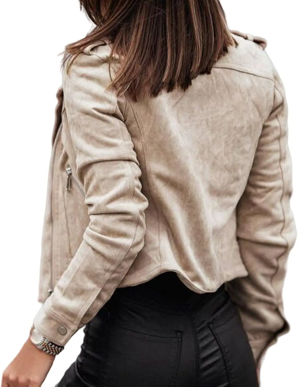 Canbebig Cropped Jackets for Women Lightweight Zip Up Jackets Suede Leather Jackets Casual Lapel Coats Moto Biker Jackets
