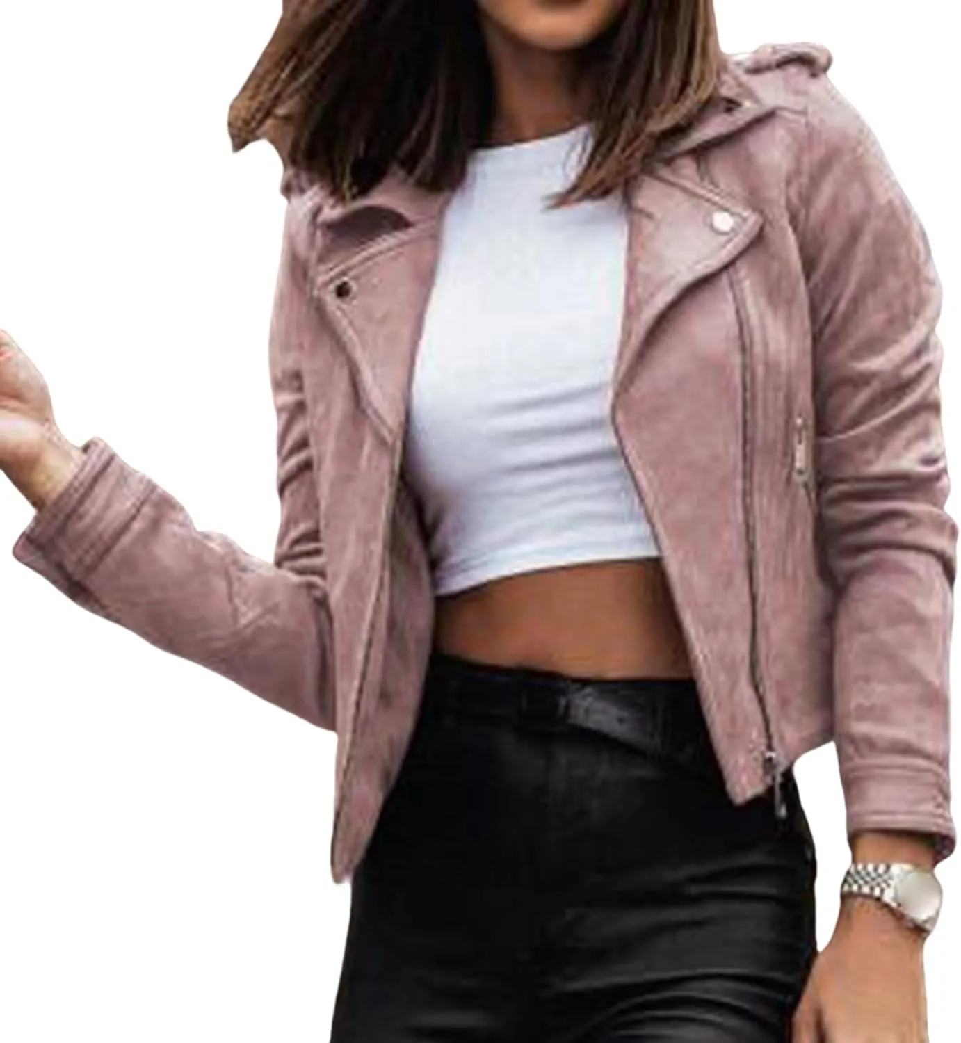 Canbebig Cropped Jackets for Women Lightweight Zip Up Jackets Suede Leather Jackets Casual Lapel Coats Moto Biker Jackets