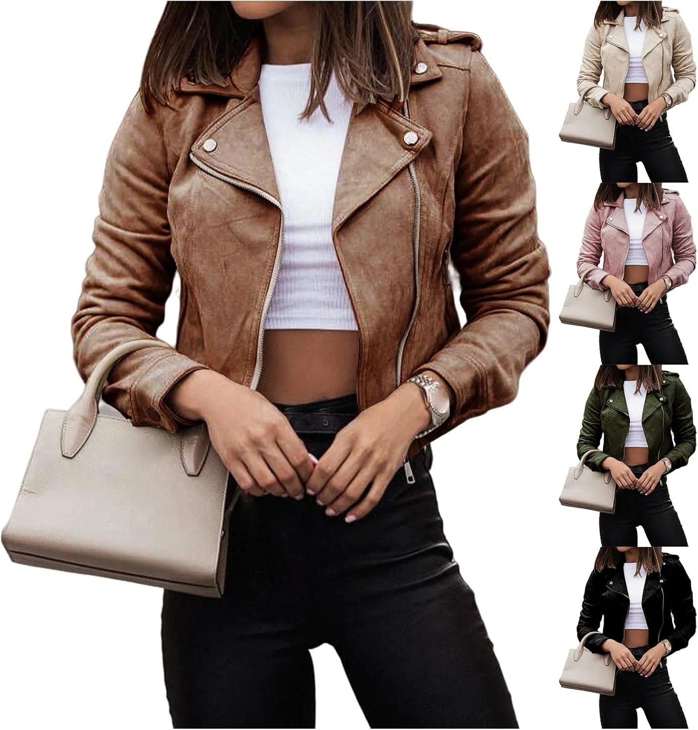 Canbebig Cropped Jackets for Women Lightweight Zip Up Jackets Suede Leather Jackets Casual Lapel Coats Moto Biker Jackets