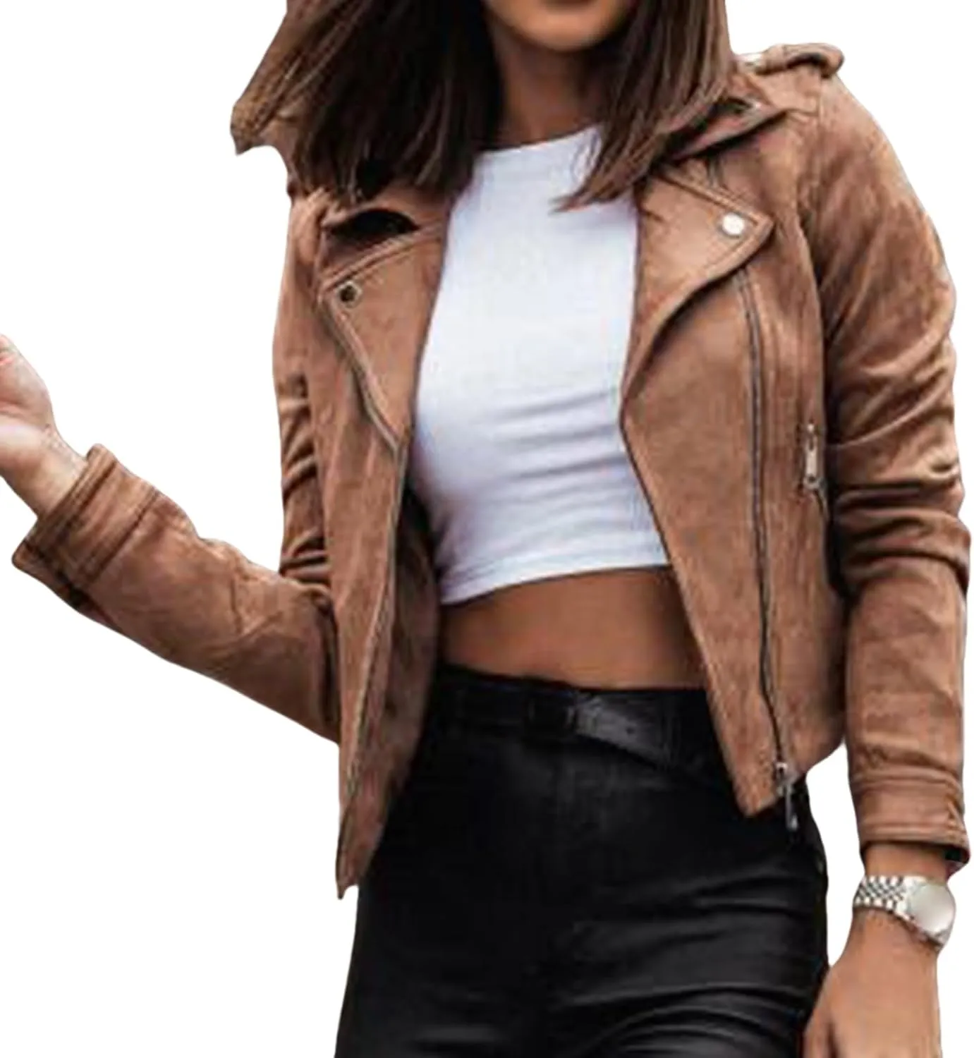 Canbebig Cropped Jackets for Women Lightweight Zip Up Jackets Suede Leather Jackets Casual Lapel Coats Moto Biker Jackets