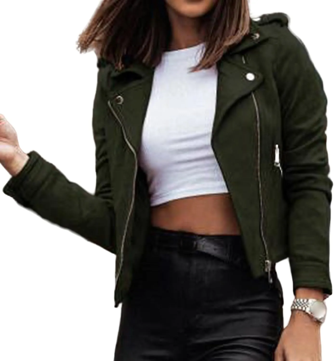 Canbebig Cropped Jackets for Women Lightweight Zip Up Jackets Suede Leather Jackets Casual Lapel Coats Moto Biker Jackets