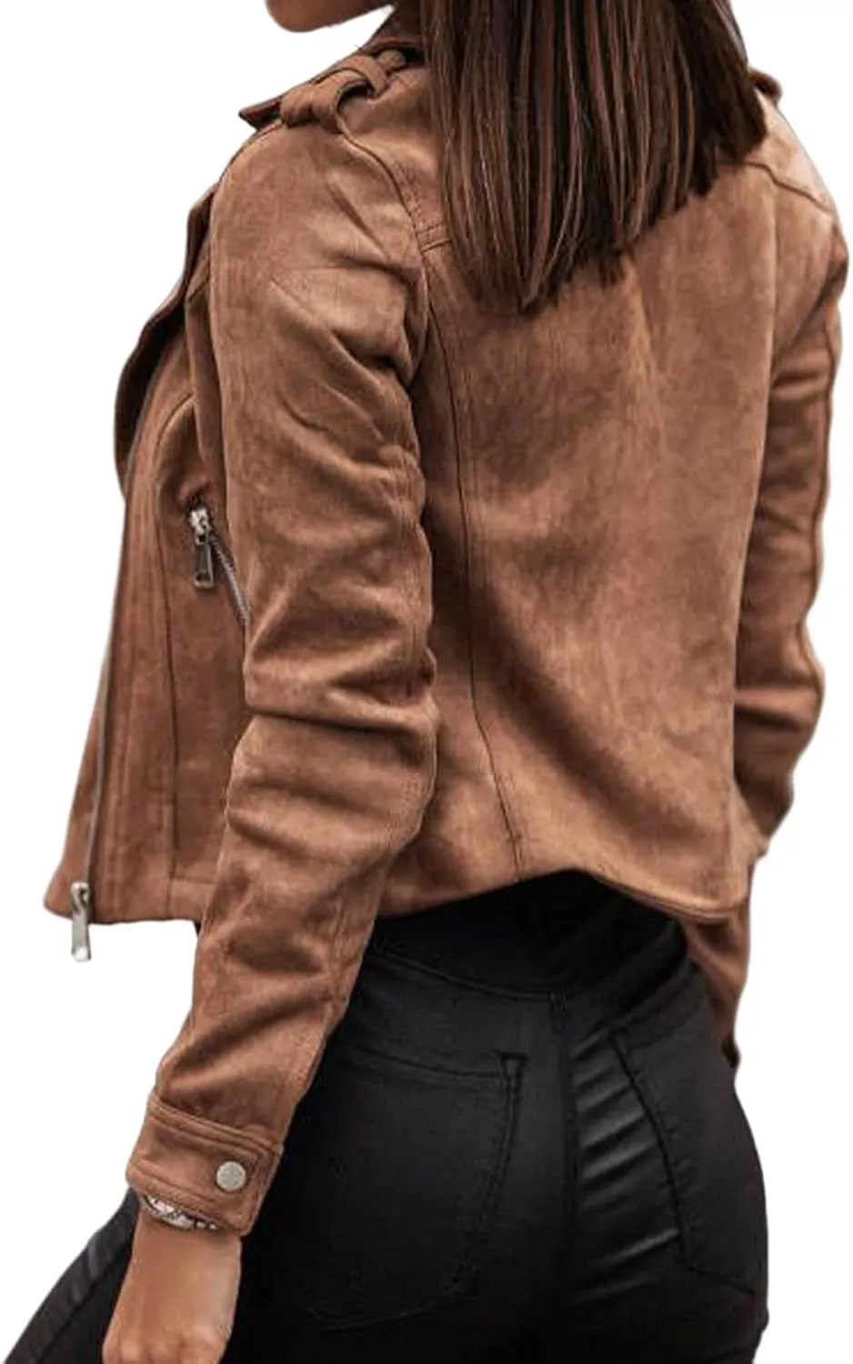 Canbebig Cropped Jackets for Women Lightweight Zip Up Jackets Suede Leather Jackets Casual Lapel Coats Moto Biker Jackets