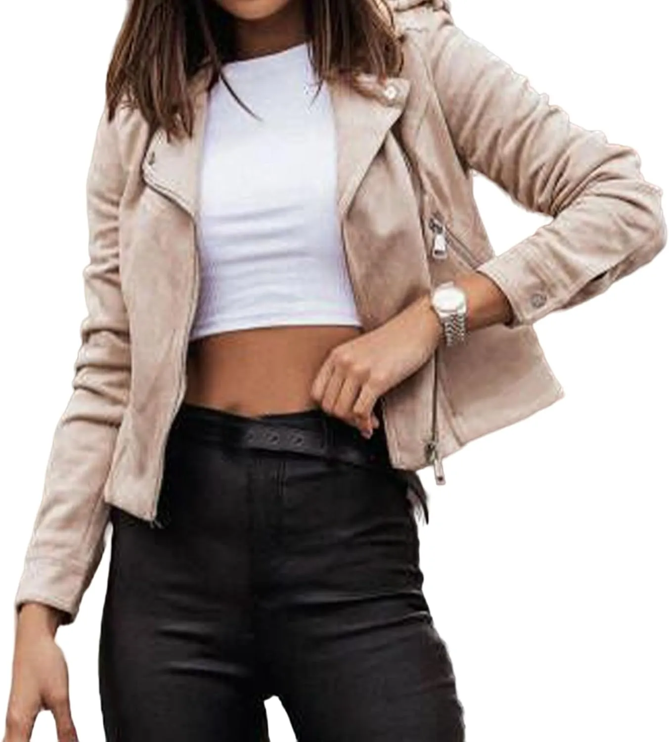 Canbebig Cropped Jackets for Women Lightweight Zip Up Jackets Suede Leather Jackets Casual Lapel Coats Moto Biker Jackets